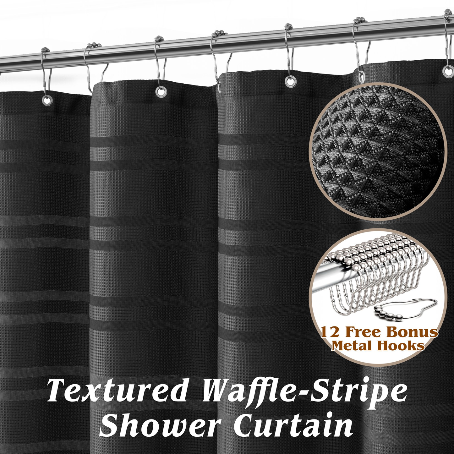Seasonwood Waffle Shower Curtain Striped Fabric Shower Curtains for Bathroom with 12 Hooks