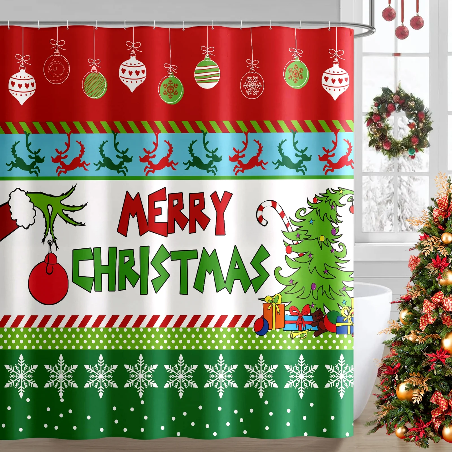 Seasonwood Christmas Shower Curtain for Bathroom Holiday Waterproof Polyester Fabric Decor With 12 Hooks,72"x 72"