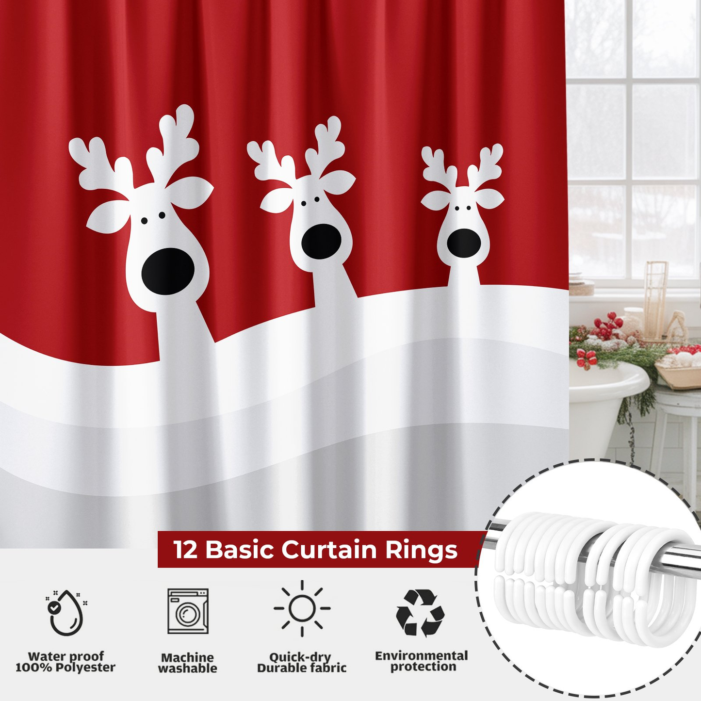 Seasonwood Merry Christmas Elk Shower Curtain, Reindeer Christmas Shower Curtains,Winter Holiday Decor Waterproof Fabric with Hooks,72"x72"