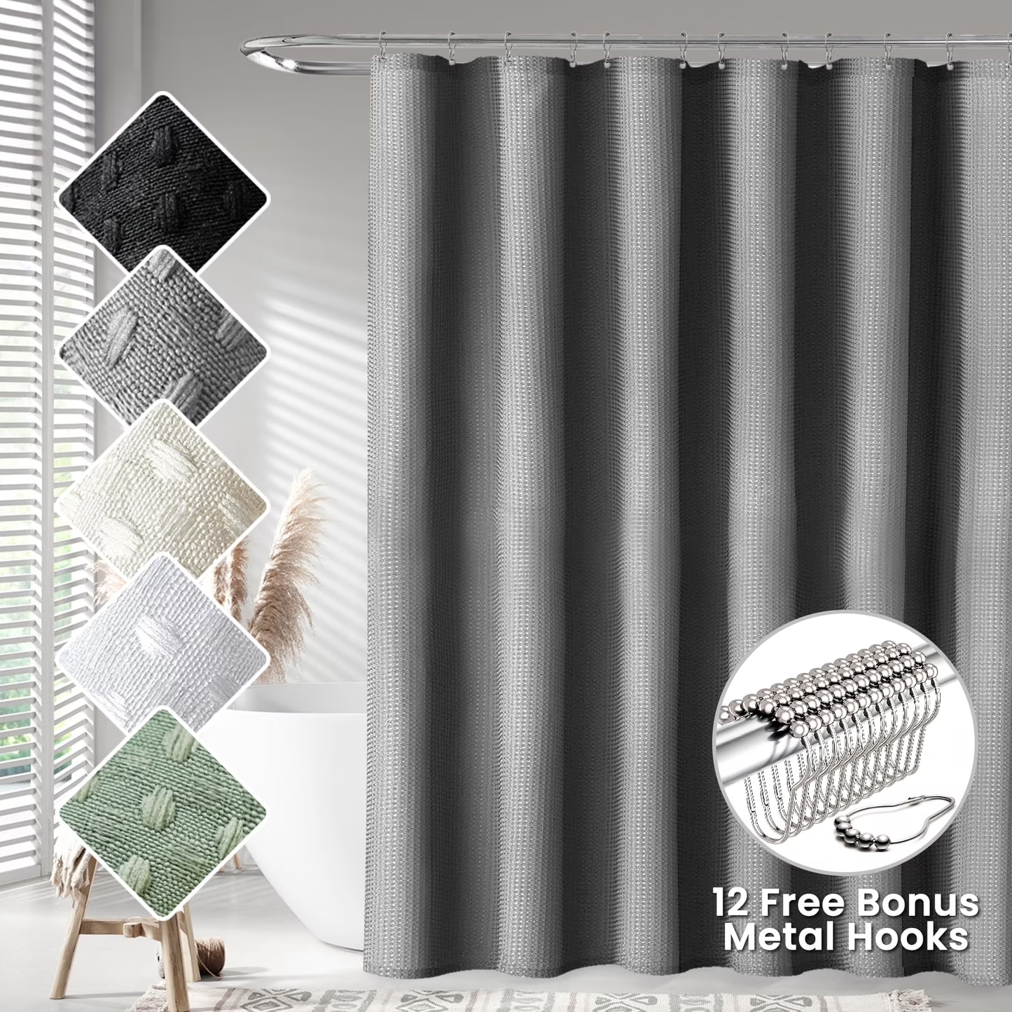 Fabric Shower Curtain Waffle Bathroom Curtain,Water-Repellent,Hotel Grade 72"x72"